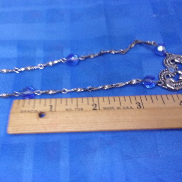 Blue Bead Silver Bar Link Lariat Style Necklace 26" Long - Picture 11 of 11